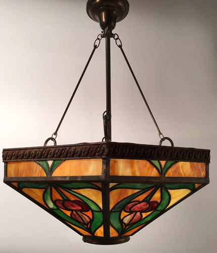 Colorful 6 Sided Art Nouveau Leaded Glass Inverted Dome